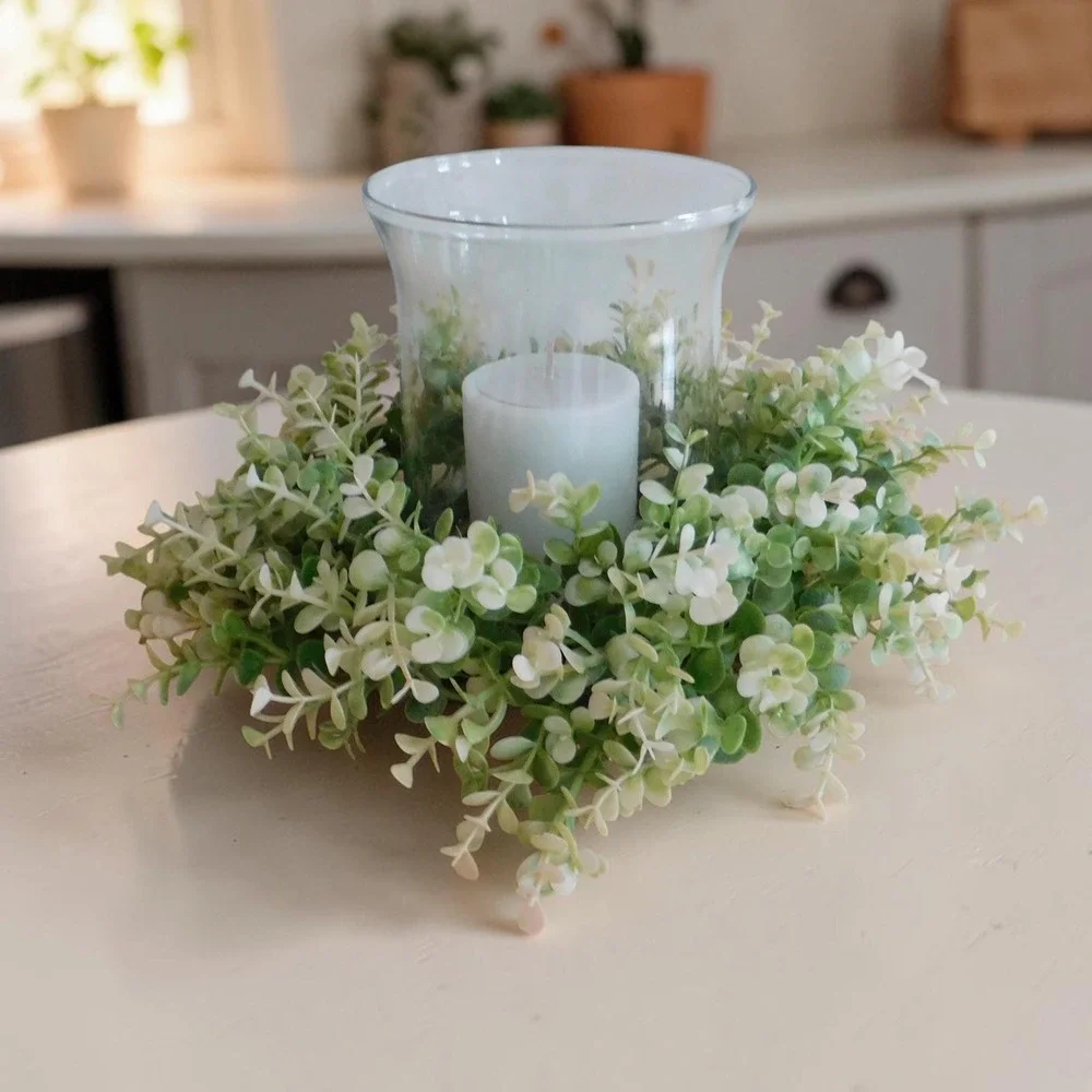 Neutral Faux Greenery Candle Ring Wreath, Everyday Year Round Decor
